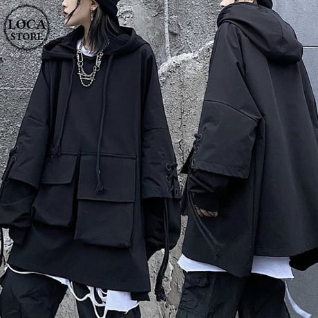 ユニセックス パーカー 袖レースアップ 重ね着風 プルオーバー 長袖 オーバーサイズ カジュアル 韓国ファッション メンズ レディース 韓国ストリートファッション DTC-653707770281