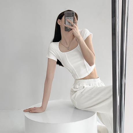 Tシャツ スクエアネック 半袖 クロップド丈 トップス リブ タイト スリムフィット スリムtシャツ シンプル レトロ 大人可愛い ガーリー カジュアル DTCA-704390055680