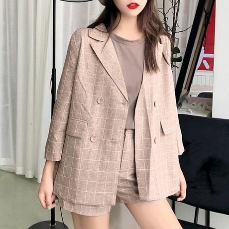 レディース ジャケット ショートパンツ チェック柄 セットアップ 大人 ガジュアル ハイウエスト ガーリー 韓国ファッション (DCT-588392928821)