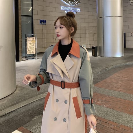 ロングコート バイカラー ベルト付き 袖ベルト 韓国ファッション レディース トレンチコート ダブルブレスト カジュアル 長袖 ゆったり 大人可愛い ガーリー DTC-627252394911