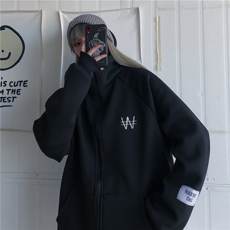 ユニセックス スウェット ジャケット ジップアップ ハイネック 長袖 オーバーサイズ ゆったり 韓国ファッション レディース カジュアル ストリートファッション DTC-652511935653