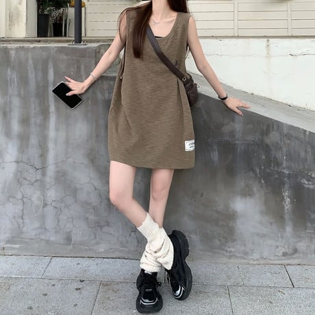 タンクトップ オーバーサイズ タンクワンピース ノースリーブ トップス ロゴ ゆったり レトロ 韓国ファッション レディース 大人可愛い ガーリー カジュアル DTC-803416289673