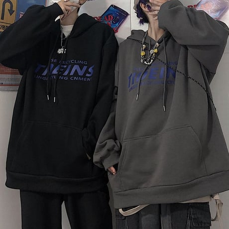 ユニセックス パーカー プルオーバー プラスベルベット ブラック ダークグレー 長袖 オーバーサイズ ゆったり カジュアル ストリートファッション DTC-606297076811