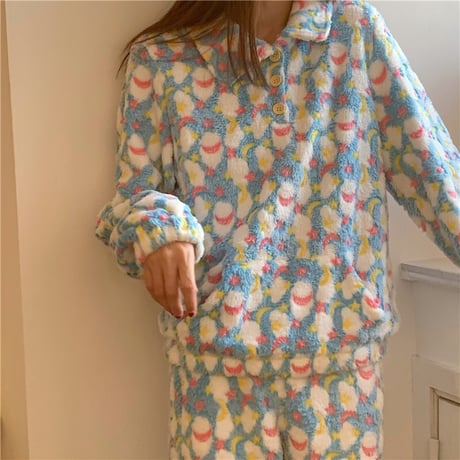 【ルームウェア】 選べる2タイプ パジャマ セットアップ トップス + パンツ フロントボタン フリース 長袖 上下セット 長袖 韓国ファッション レディース ガーリー 633212166815