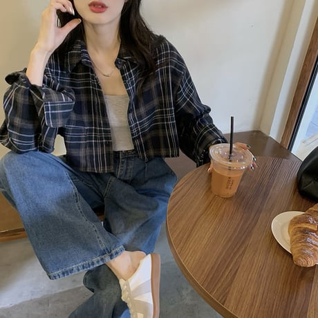 クロップド丈 チェック柄 シャツ ポロカラー ショート丈 長袖 レトロ 韓国ファッション レディース 大人可愛い ガーリー カジュアル 大人カジュアル DTC-652951694621