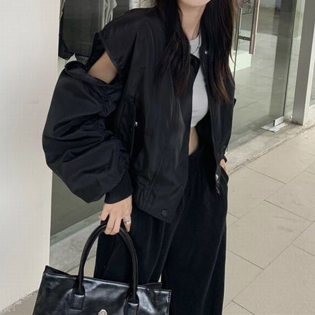 ミリタリー風 ブルゾン ジャンパー ショルダージップ バックプリント ルーズ 大人可愛い ガーリー カジュアル 韓国ファッション レディース ストリートファッション DTC-682381083902