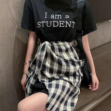 ドッキングワンピース フェイクレイヤード ワンピース Tシャツ チェック柄 ハイウエスト 半袖 韓国ファッション レディース 大人可愛い ガーリー カジュアル DTC-669317161455