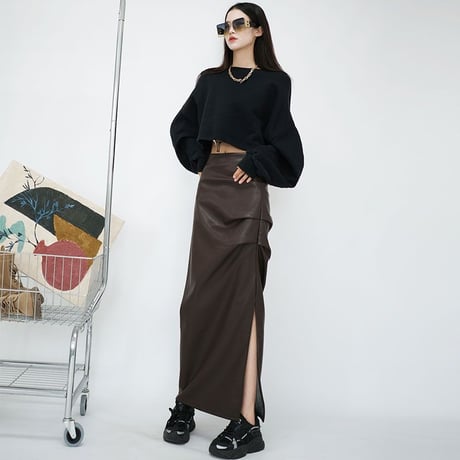 レザースカート スリット ギャザー ハイウエスト スリム ロングスカート Aライン フェイクレザー PU スカート レトロ 大人可愛い ガーリー DTCA-836026991450
