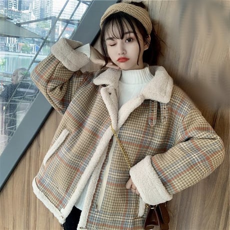 ボアブルゾン チェック柄 韓国ファッション レディース ムートン もこもこ 綿入れ 防寒 ムートンジャケット ハーフコート アウター 秋 冬 (DTC-605870497117)