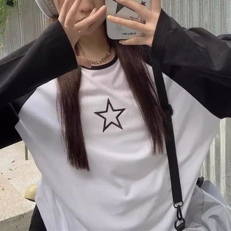tシャツ バイカラー ラグランスリーブ スター 星 オーバーサイズ トップス ロンT 長袖 ゆったり 体型カバー カジュアル レトロ 韓国ファッション レディース DTCA-778096918717