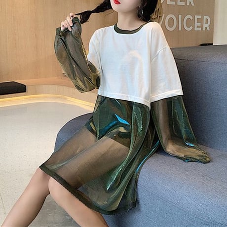 レディース Tシャツ ドッキング シースルー 無地 ラウンドネック トップス ガーリー フェミニン 韓国ファッション (DCT-598080019695)
