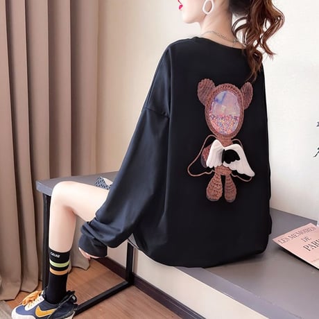 トレーナー 羽 エンジェルくまちゃん 薄手 シンプル ルーズ 韓国ファッション レディース トップス 大きめ ガーリー カジュアル ストリートファッション DTC-651472313621