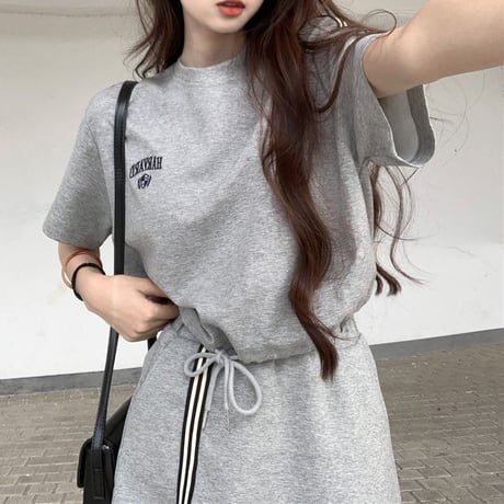 セットアップ サイドライン Tシャツ ロゴ 刺繍 ミニスカート スリット ウエストゴム 半袖 スポーツミックス 韓国ファッション レディース 大人可愛い ガーリー DTC-781969403022