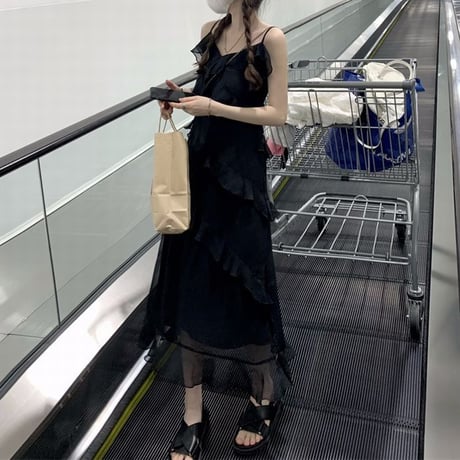 ティアードフリル キャミワンピース Vネック ロング丈 ハイウエスト レトロ 韓国ファッション レディース 大人可愛い ガーリー フェミニン DTC-674730006159