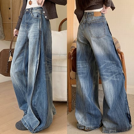 デニムパンツ ウォッシュ加工 ヴィンテージ風 デニム ジーンズ ワイドパンツ ハイウエスト ルーズ レトロ 大人可愛い ガーリー カジュアル DTC-878090803230