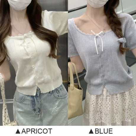 ニット tシャツ リボン レース ショート丈 薄手 スクエアネック トップス スリムフィット タイトフィット 半袖 レトロ 大人可愛い ガーリー DTCA-927556917788