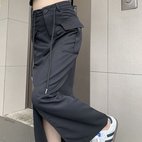 カーゴスカート ハイウエスト スリット ロングスカート Aライン スカート レトロ 韓国ファッション レディース 大人可愛い ガーリー カジュアル DTC-768233387250