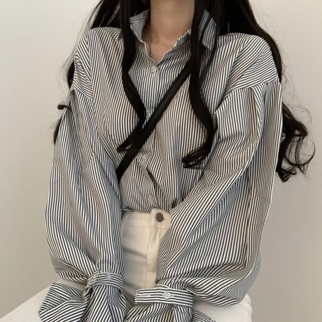 ストライプ柄 ブラウス パフスリーブ 袖ベルト シャツ トップス ルーズ 長袖 レトロ 韓国ファッション レディース 大人可愛い ガーリー DTCA-781970734875
