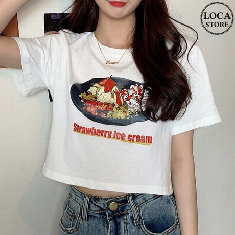 Tシャツ 半袖 ショート丈 ホワイト ストロベリーケーキ プリント 韓国ファッション レディース トップス かわいい カジュアル シンプル ガーリー DTC-621069135531_wt
