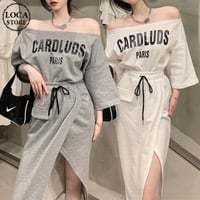 セットアップ 2点セット Tシャツ ＋ スカート オフショル スリット スウェット 半袖 韓国ファッション レディース オフショルダー 大人可愛い ガーリー DTC-642106947624