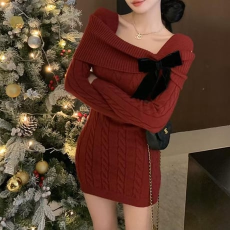 ニットワンピース リボン ミニワンピース スクエアネック ケーブルニット スリムフィット スリムニット 長袖 レトロ 大人可愛い ガーリー DTCA-870530424287