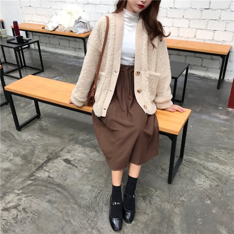 もこもこカーディガン ボア 韓国ファッション レディース カーディガン アウター 暖かい フェイクムートン ドロップショルダー ボアジャケット 大きいポケット (DCT-604923682357)