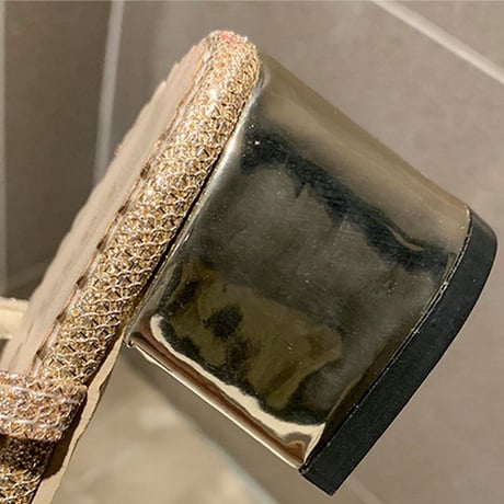 サンダル ラインストーン クロスストラップ 5cm チャンキーヒール スクエアトゥ 韓国ファッション レディース アンクルストラップ パンプス 597321753157