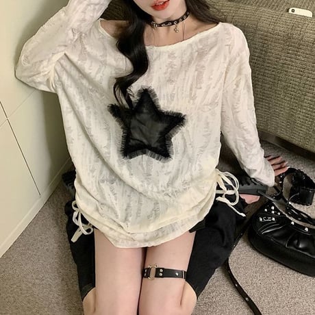 ロンT ダメージ加工 スター 星 ドローストリング ドロスト ダメージトップス プルオーバー tシャツ オーバーサイズ ルーズ 長袖 レトロ 大人可愛い ガーリー DTCA-837831882209