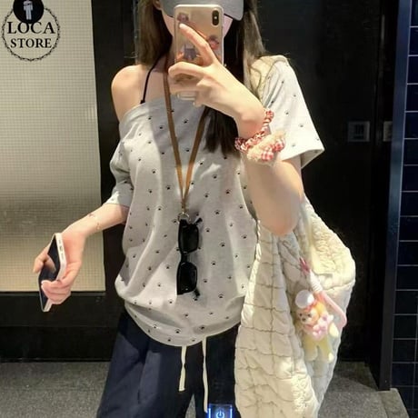 肉球柄 tシャツ ワンショルダー トップス ゆったり ルーズ 半袖 レトロ 大人可愛い ガーリー カジュアル DTCA-825366868798