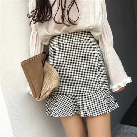 フィッシュテールスカート チェック柄 韓国ファッション レディース フリル Aライン スカート ハイウエスト ショート丈 大人可愛い ガーリー DTC-589035834159