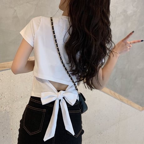 バックリボン tシャツ バックレス ウエスト見せ ショート丈 クルーネック 半袖 トップス レトロ 大人可愛い ガーリー カジュアル DTCA-732666685652