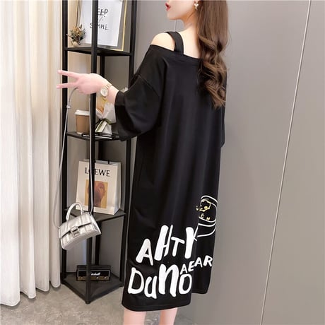 Tシャツ ワンピース オフショルダー ワンショルダー ゆったり 半袖 ロング丈 レトロ 韓国ファッション レディース 大人可愛い ガーリー カジュアル DTC-643529650399