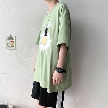 Tシャツ 半袖 メンズ レディース ユニセックス ラウンドネック 英字 フラワー デイジー プリント オーバーサイズ 大きいサイズ ルーズ ストリート TBN-612389429637