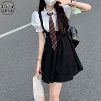 セットアップ 3点セット ネクタイ付き ブラウス ジャンパースカート パフスリーブ プリーツ サスペンダースカート ハイウエスト 半袖 レトロ 大人可愛い ガーリー DTCA-899621714789