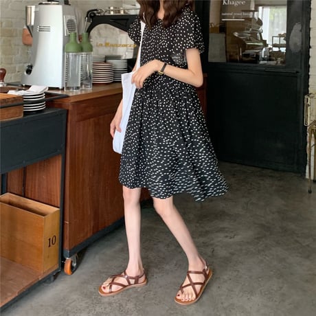 ワンピース ドット柄 韓国ファッション レディース Aライン ハイネック ミドル丈 ラウンドネック シンプル ガーリー フェミニン DTC-616578010538