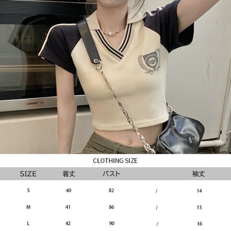 クロップド丈 Tシャツ Vネック 袖ライン ポロシャツ ラグランスリーブ スリムフィット へそ出し 半袖 レトロ 韓国ファッション レディース 大人可愛い ガーリー DTC-679197435396