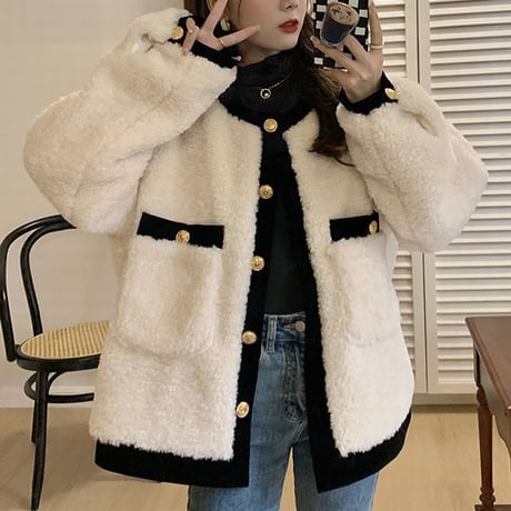 ボアカーディガン ボアジャケット 襟なし アウター もこもこ 厚手 長袖 ゆったり レトロ 韓国ファッション レディース 大人可愛い ガーリー カジュアル DTC-657187662535