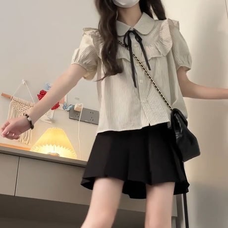 ストライプ柄 ブラウス ヨークフリル シャツ リボン パフスリーブ トップス かわいい 半袖 ルーズ レトロ 大人可愛い ガーリー フェミニン DTCA-898551864662