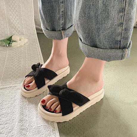 クロスデザイン リボン 厚底サンダル 22.5～25.0cm スリッパ サンダル オープントゥ フラットヒール 厚底 美脚効果 韓国ファッション レディース DTC-640513581984