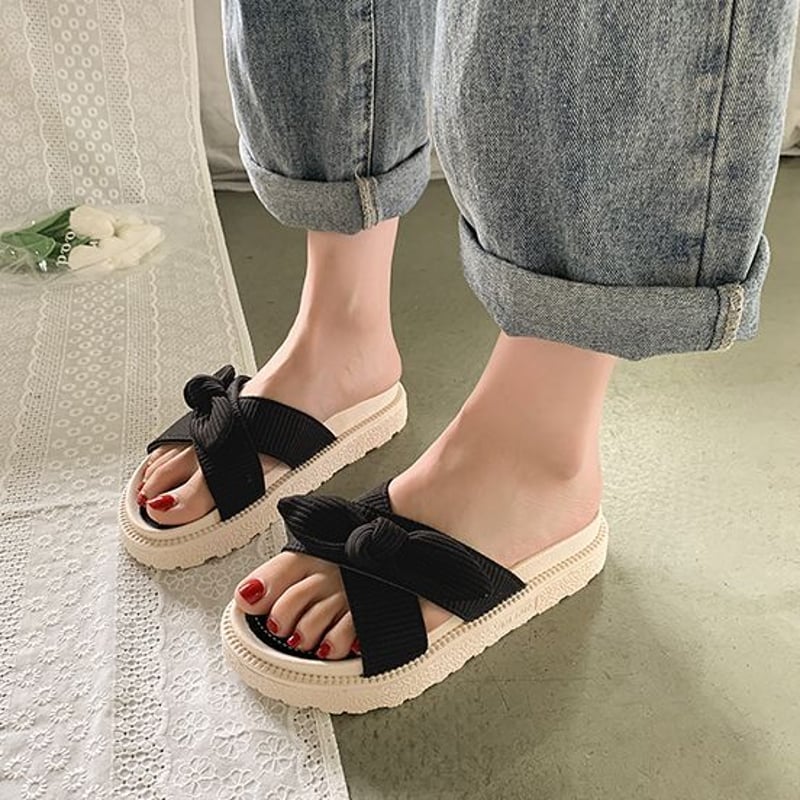 クロスデザイン リボン 厚底サンダル 22.5～25.0cm スリッパ