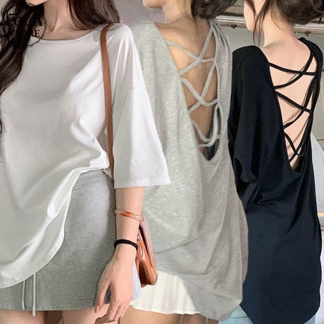 オープンバック Tシャツ 背中開き ドロップショルダー トップス ルーズ レトロ 韓国ファッション レディース 大人可愛い ガーリー DTC-801420565434