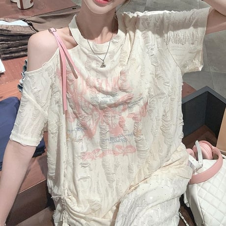 セットアップ 単品 ユーズド加工 Tシャツ ワイドパンツ ホルターネック ワンショルダー ドロスト 半袖 レトロ 韓国ファッション レディース 大人可愛い ガーリー DTC-805276142417