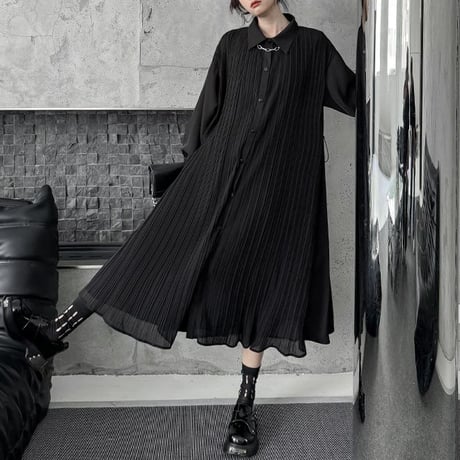 プリーツ シャツワンピース 襟付き ロングワンピース シャツワンピ プリーツワンピース 体型カバー ビッグシャツ ルーズ 長袖 レトロ 大人可愛い ガーリー DTCA-828552000879