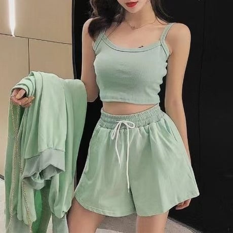 セットアップ 3点セット ジップアップ パーカー ショートパンツ キャミソール 上下セット 薄手 ルーズ レトロ 大人可愛い ガーリー カジュアル スポーツミックス DTCA-660018365532