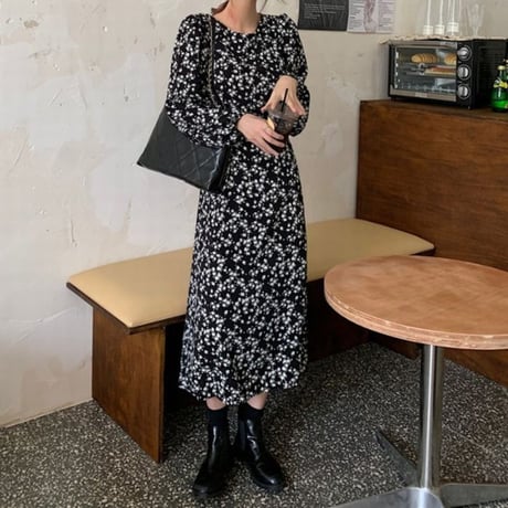 小花柄 ワンピース パフスリーブ ロング丈 ハイウエスト 長袖 クルーネック 薄手 韓国ファッション レディース 大人可愛い ガーリー フェミニン レトロDTC-655695330315