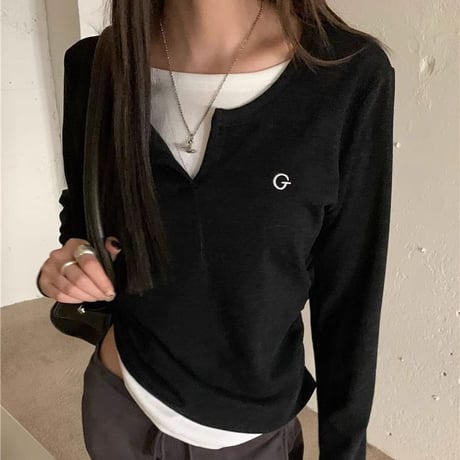 フェイクレイヤード トップス キーネック Tシャツ ロンＴ ロゴ 重ね着風 プルオーバー スリムフィット フェイクツーピース 長袖 大人可愛い ガーリー カジュアル DTCA-758755751432