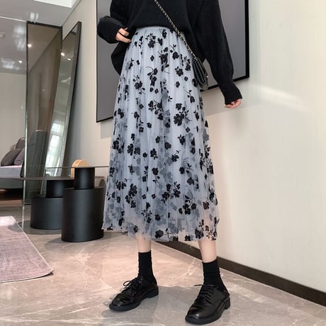 花柄チュールスカート レース ギャザー ロング丈 ハイウエスト ウエストゴム 韓国ファッション レディース プリーツスカート 大人可愛い ガーリー フェミニン DTC-632675803518