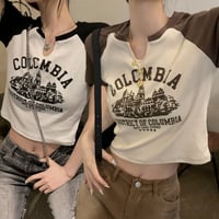 Tシャツ クロップド丈 キーネック ショート丈 へそ出し ロゴ 半袖  韓国ファッション レディース大人可愛い ガーリー カジュアル 韓国ストリートファッション DTCA-731719671048