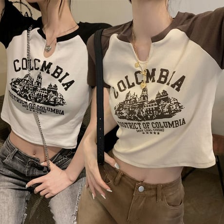 Tシャツ クロップド丈 キーネック ショート丈 へそ出し ロゴ 半袖  韓国ファッション レディース大人可愛い ガーリー カジュアル 韓国ストリートファッション DTC-675503773449