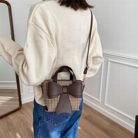 2WAY ハンドバッグ ショルダーバッグ ミニバッグ 千鳥格子 リボン チェック柄 バッグ 鞄 レトロ ホワイト ブラック ブラウン DTC-631010281178
